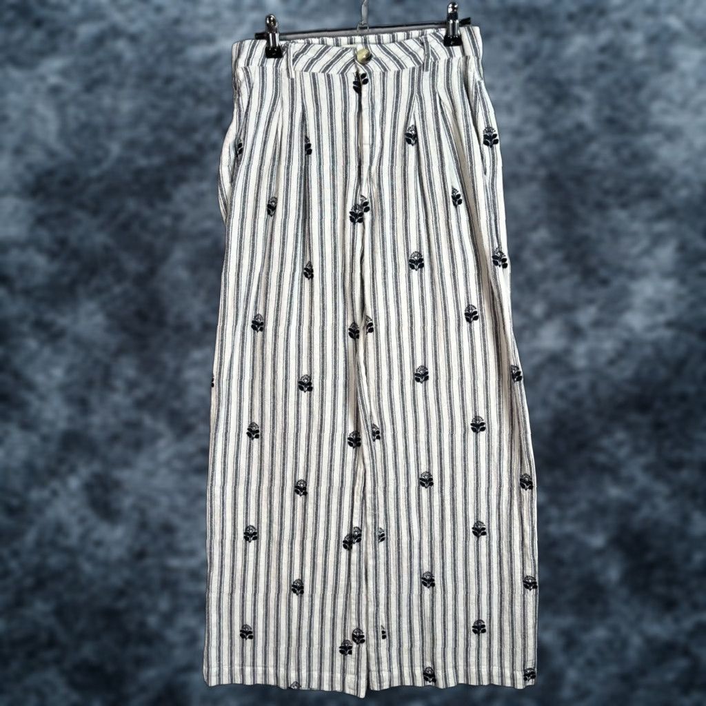 VINTAGE Maison Hotel Pants Womens Medium Striped Linen Cotton Wide-Leg Ankle White 26 in Inseam 28 in High Rise Front Pleated 8/10 Mens Womens Girls