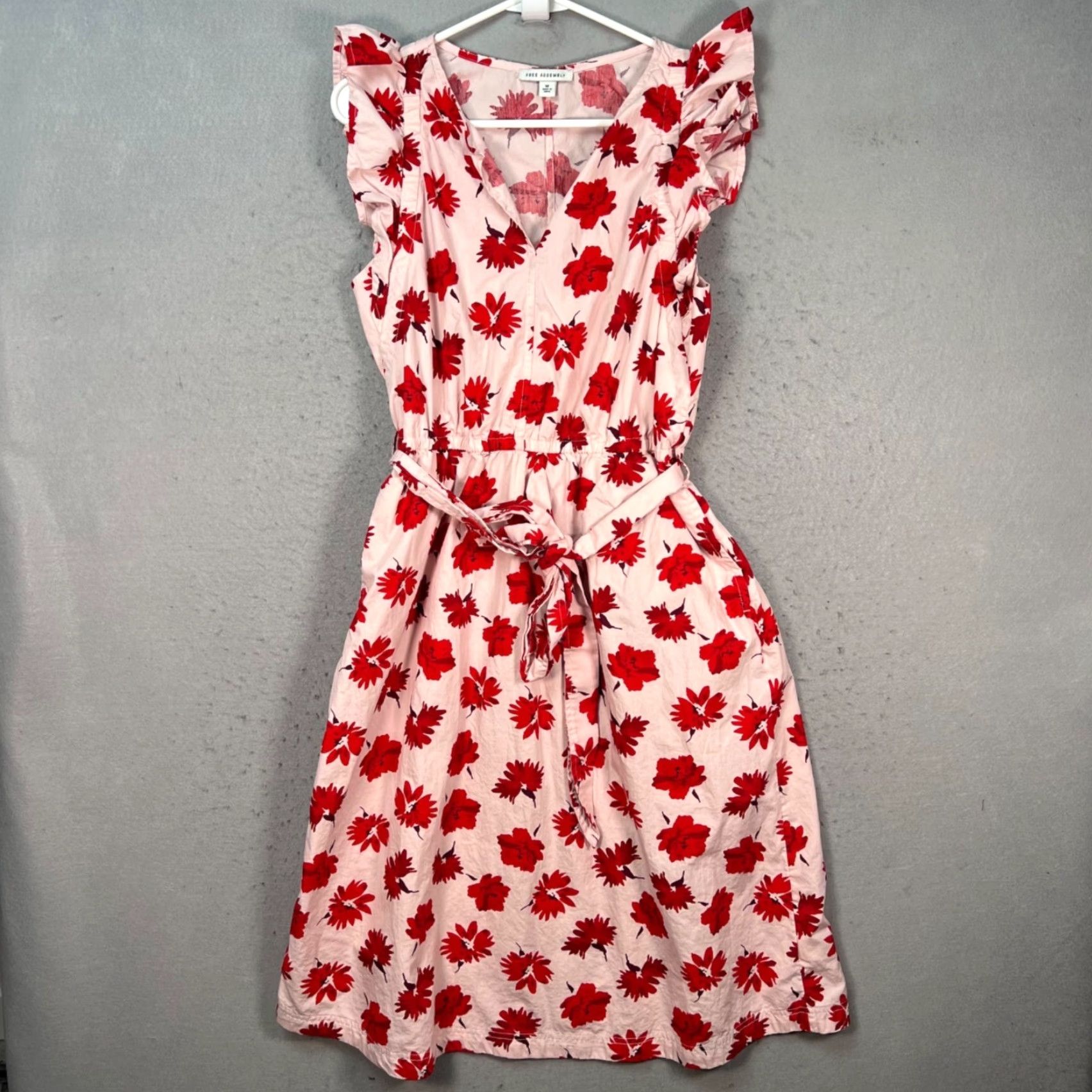 Vintage Free Assembly Floral Midi Dress Shirt Dress? (Pink) 100% Cotton, V-Neck, Ruffle-Sleeve, A-Line, Spring/Summer, Women, Size M Size M / US 6-8 / IT 42-44 - 2 Thumbnail