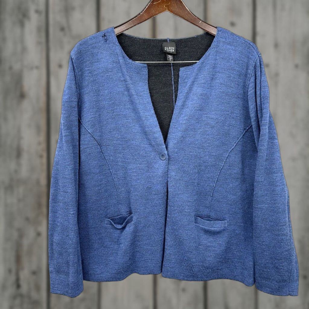 Eileen Fisher Eileen Fisher Cardigan Sweater Women Petite L Blue Merino Wool Long Sleeve Button Classic Size L / US 10 / IT 46 - 1 Thumbnail
