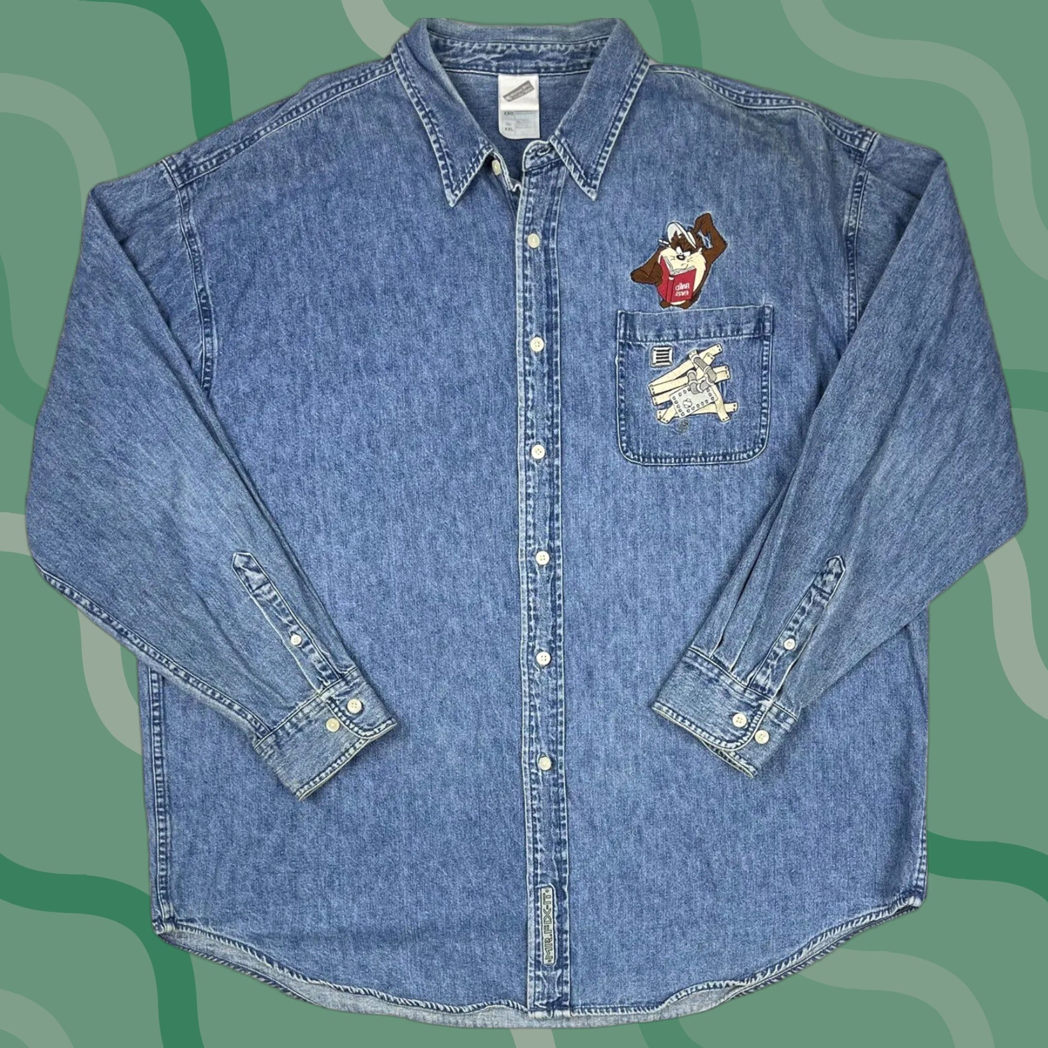 Vintage VINTAGE Warner Bros Taz Embroidered Denim Shirt Mens 2XL Blue 1999 90s Cowboy Rockabilly Workwear Button-Up Size US XXL / EU 58 / 5 - 1 Thumbnail