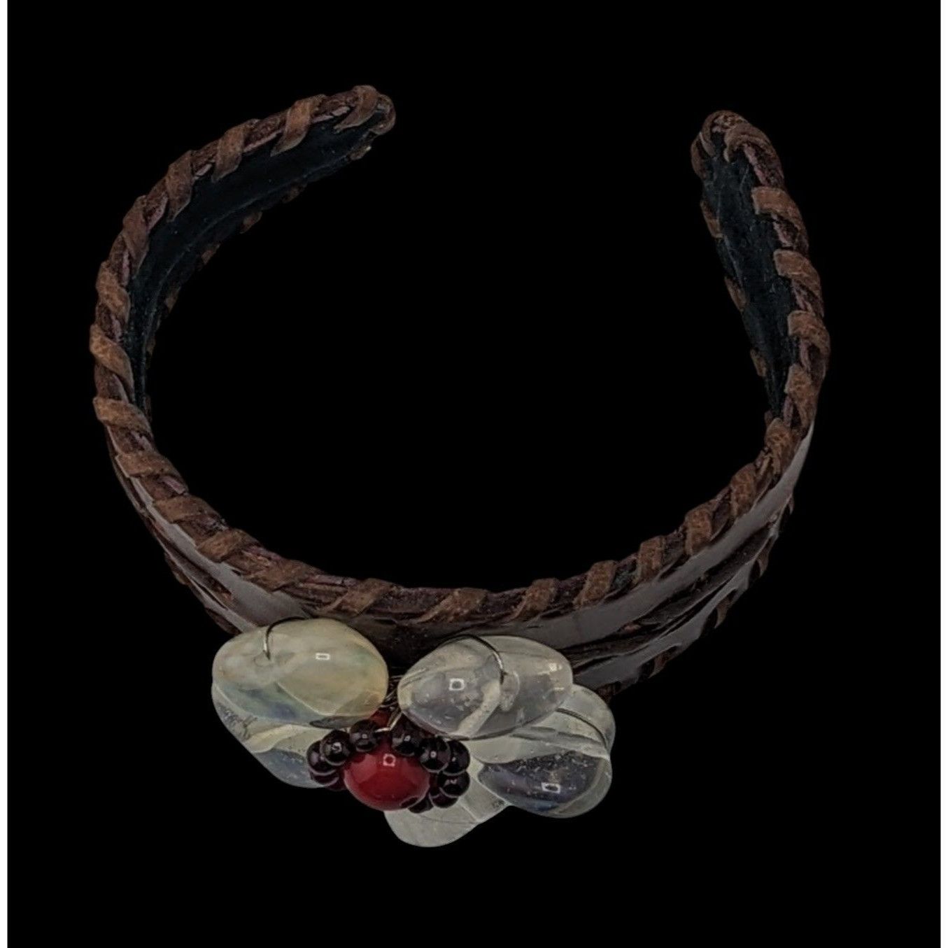 Handmade Handcrafted Leather Cuff Bracelet With Gemstone Flower Desig Size ONE SIZE - 2 Thumbnail