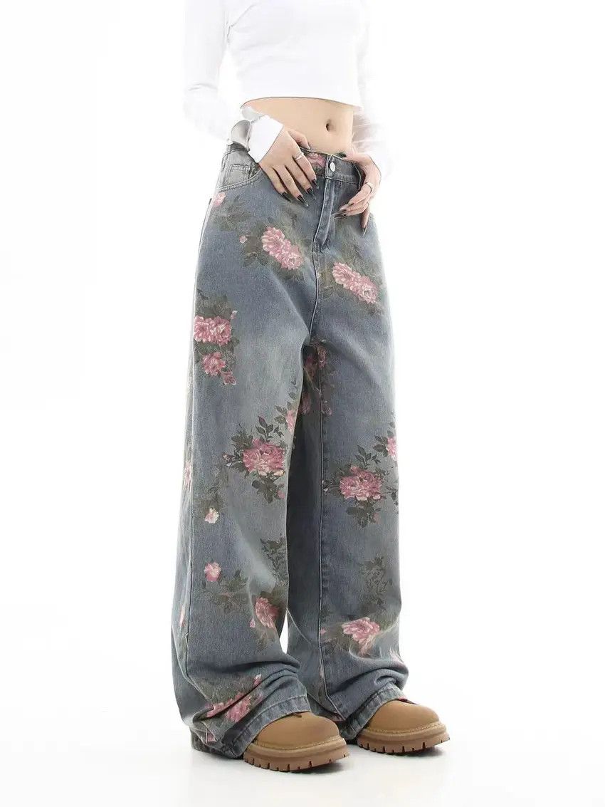 Designer × Japanese Brand Washed and aged full print straight leg baggy jeans Size US 33 - 3 Thumbnail