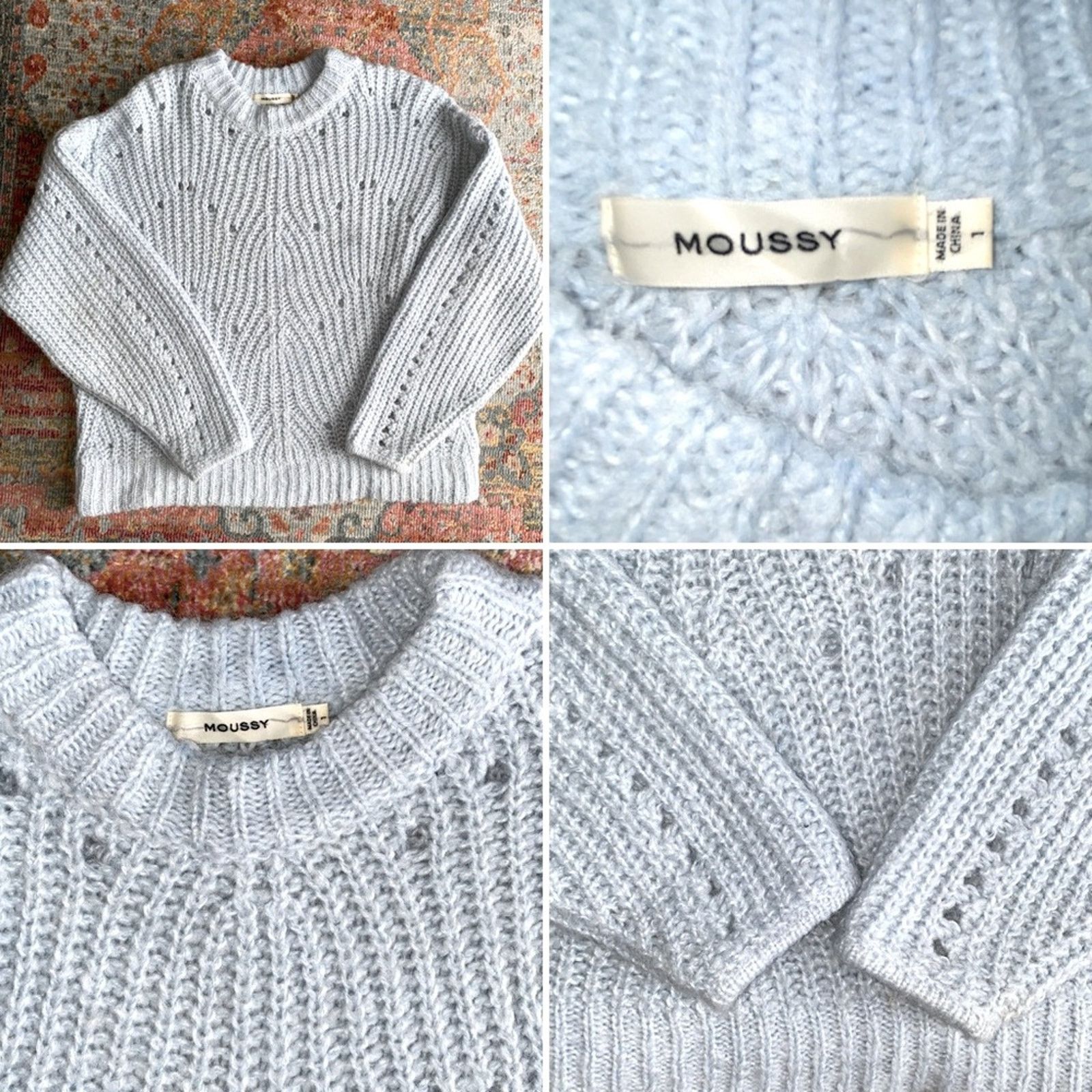 MOUSSY MOUSSY $320 Pale Blue Eyelet Volume Sleeve Sweater sz 1 Sm Size S / US 4 / IT 40 - 1 Thumbnail