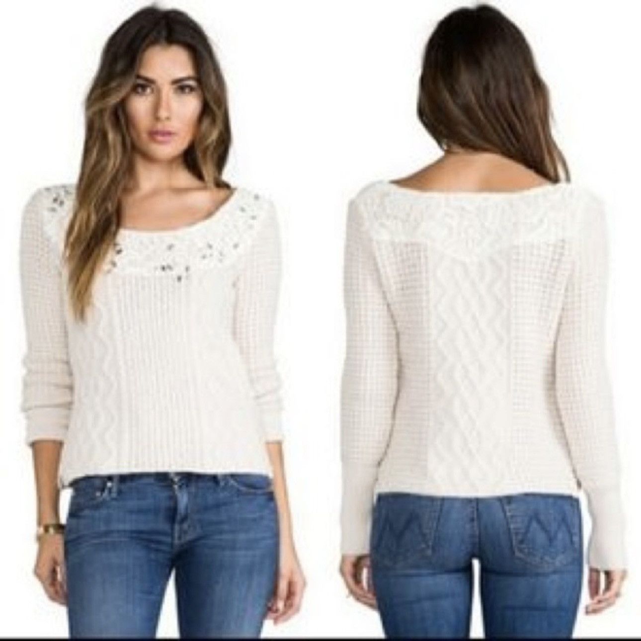 Free People FREE PEOPLE Ivory Creme Aurora Jewel Knit Sweater Size S / US 4 / IT 40 - 1 Thumbnail
