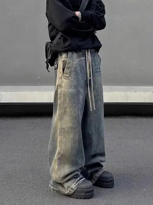 Jean Retro wash gradient drawstring work wide leg jeans Size US 34 / EU 50 - 1 Thumbnail