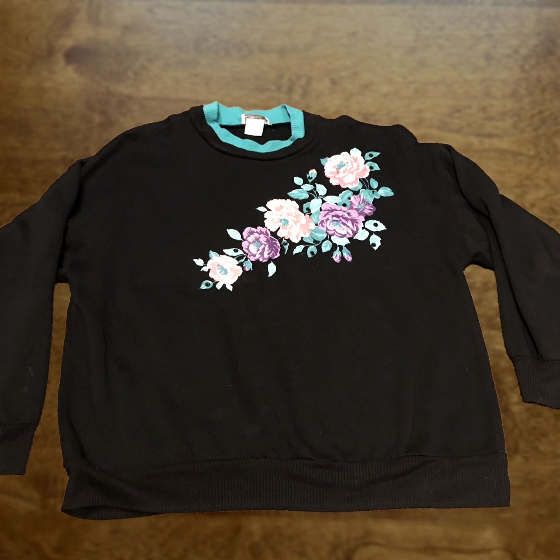 Vintage VINTAGE Appel Sweatshirt Womens XL Black Floral Sweater Pullover Crew Neck 90s Classic Knit Long Sleeve Mens? Womens Size XL / US 12-14 / IT 48-50 - 1 Thumbnail
