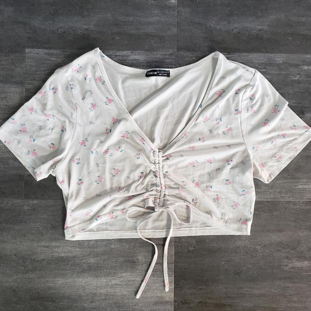 Shein White Floral Drawstring SHEIN Cropped Short Sleeve Size L / US 10 / IT 46 - 1 Thumbnail