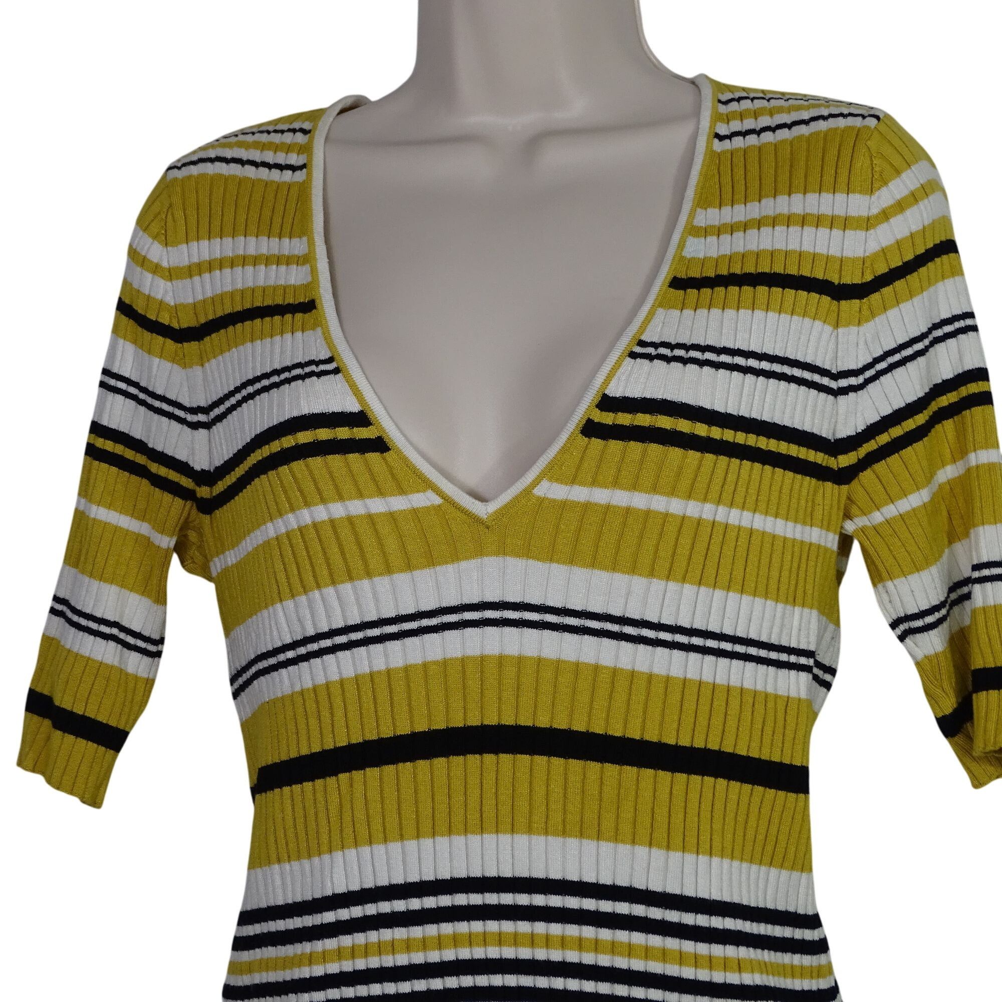 Express Express Striped Plunge V-Neck Ribbed Knit Top Women Size L Size L / US 10 / IT 46 - 2 Thumbnail