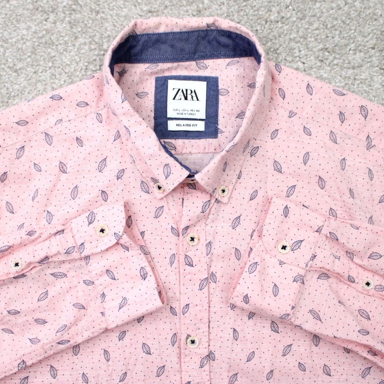 Zara Zara Shirt Mens Large Pink Relaxed Geometric AOP Button-Up Long Sleeve Cotton L/S Printed Leaves Flower Mermaid Print Holiday Casual Daywear Size US L / EU 52-54 / 3 - 2 Thumbnail