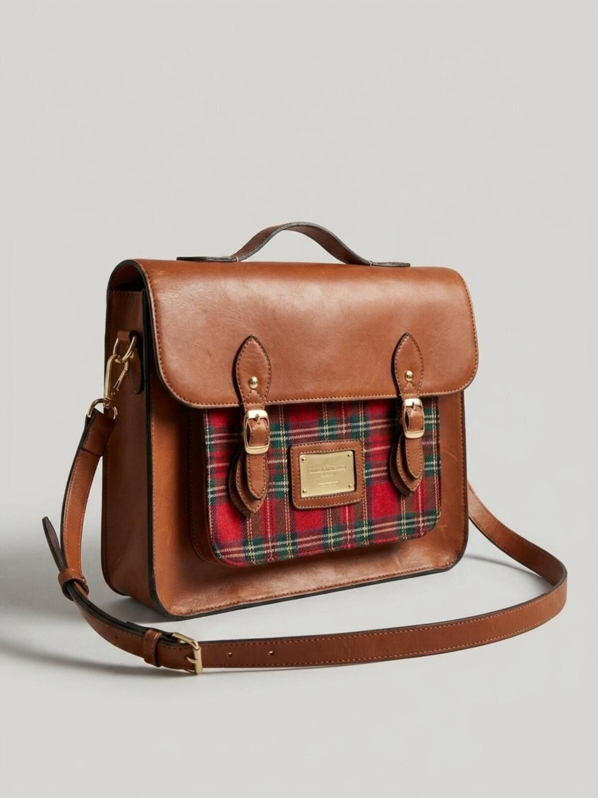 Robyn Lynch Tan Leather Satchel with Red Tartan Front Pocket Size ONE SIZE - 1 Thumbnail