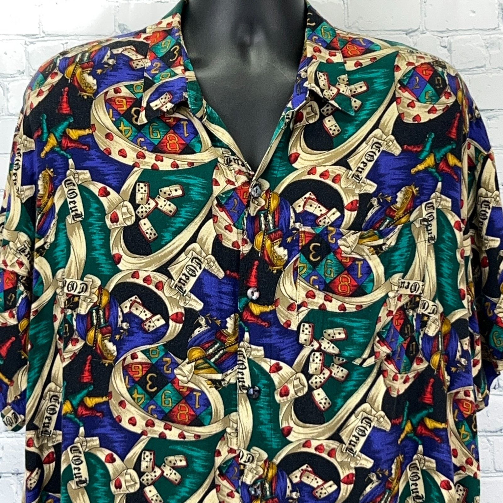 Vintage Vintage Queen of Hearts Dominos Button Front Shirt Beige 1XB Size US XL / EU 56 / 4 - 1 Thumbnail