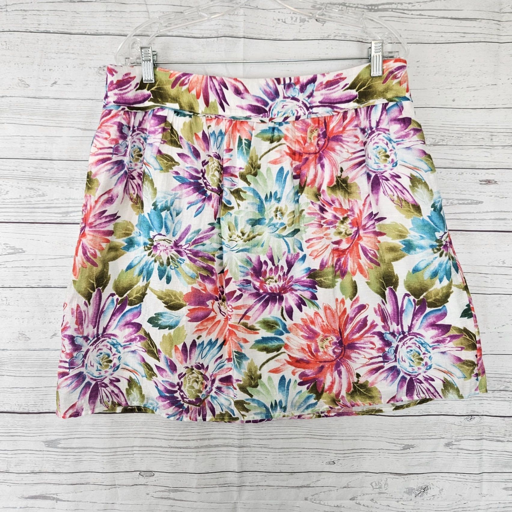 Loft VINTAGE LOFT Ann Taylor Women's Skirt 12 Purple Green Floral Linen Blend Side Zip Size 34" / US 12 / IT 48 - 2 Thumbnail