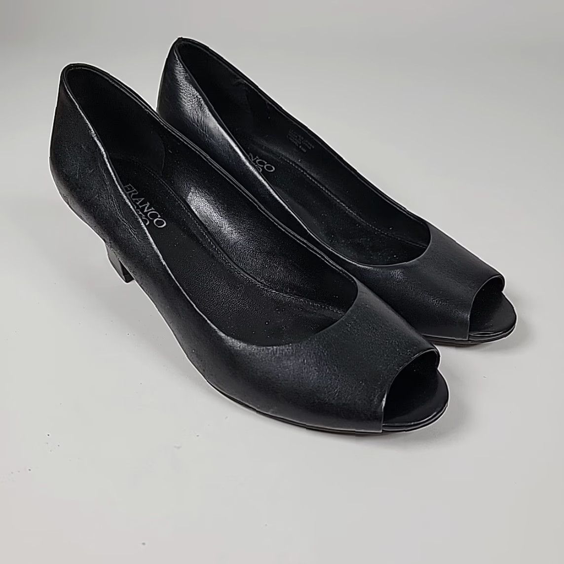 Franco Sarto Franco Sarto Women's Black Leather Heels Open Toe Slip On Block Heel Pump Size 8.5 Womens Size US 9 / IT 39 - 2 Thumbnail