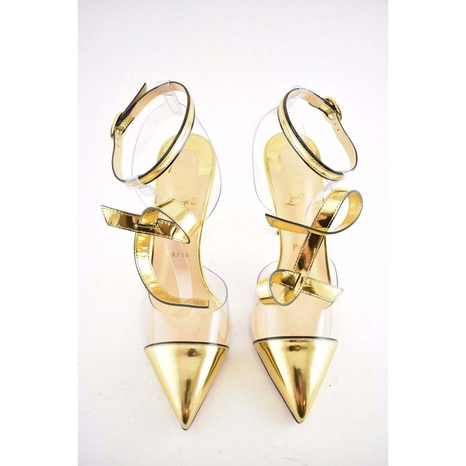 Christian Louboutin Alta Firma 100 Gold PVC T Strap Ankle Heel Sandal Pump 35 Size US 5 / IT 35 - 8 Thumbnail