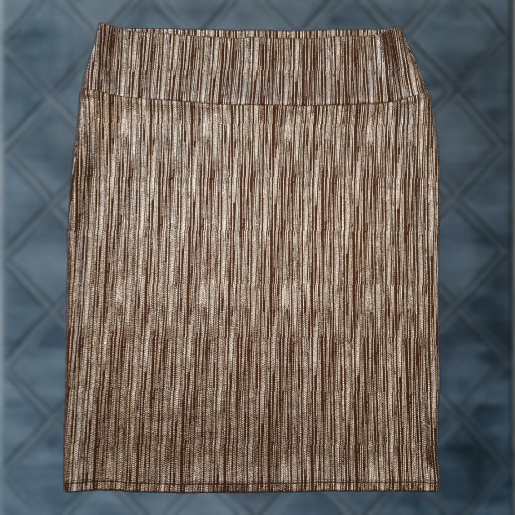 Vintage LuLaRoe Skirt 3XL Knee Length Unlined Pull On Brown Striped Metalic Polyester Spandex Women Casual Pencil Style Size 40" / US 18 - 1 Thumbnail