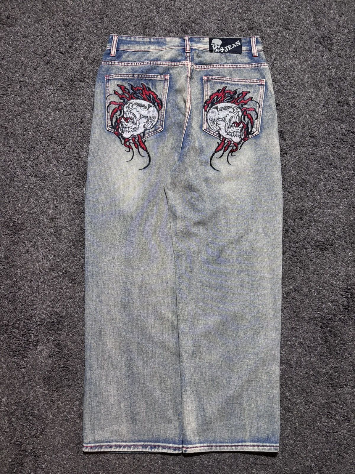 JNCO Vintage rare fire skulls embroidered gray blue baggy jeans Size US 33 - 2 Thumbnail