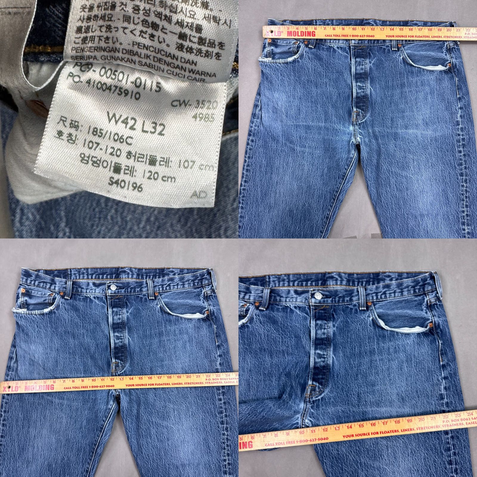 Levi's Levi's 501 Jeans Mens 42x32 Blue Distressed Button Fly Workwear Chore Pants Straight 5-Pocket Denim Regular Size Type: Jeans Size US 42 / EU 58 - 9 Thumbnail