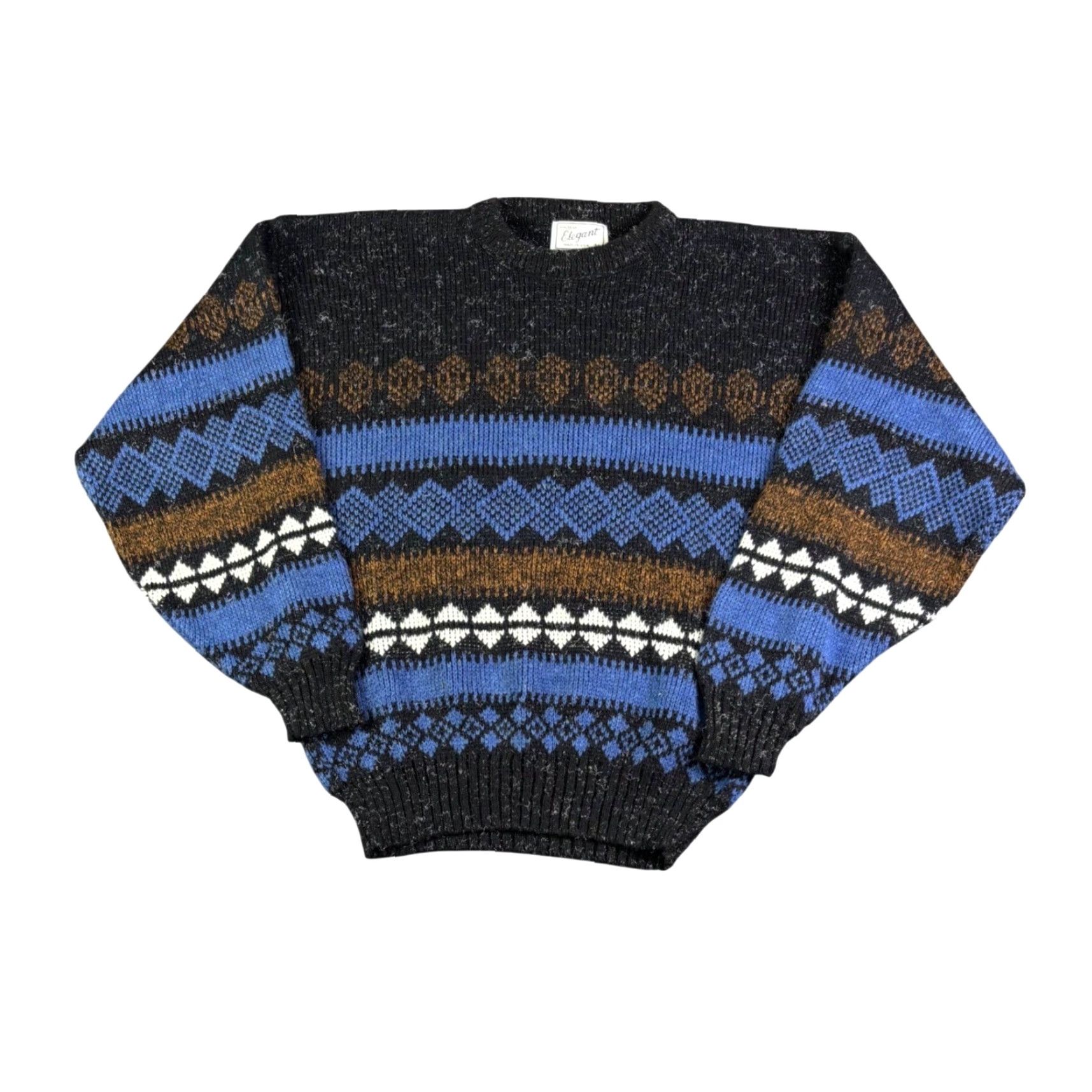 Vintage Elegant Women's Knit Sweater Black Blue Brown Fair Isle Pattern M Vintage 90s Crew Neck Long Sleeve Wool Blend Geometric Knit Size M / US 6-8 / IT 42-44 - 2 Thumbnail