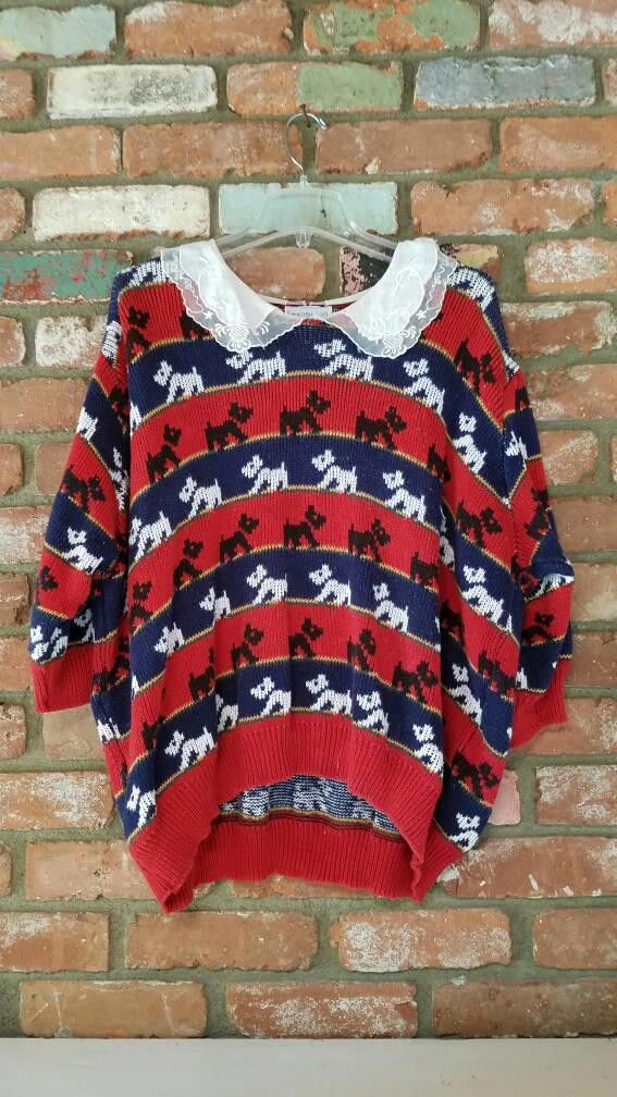 Designer Vintage YORKIE dog sweater 1980's lace red, black, blue Size M / US 6-8 / IT 42-44 - 1 Thumbnail