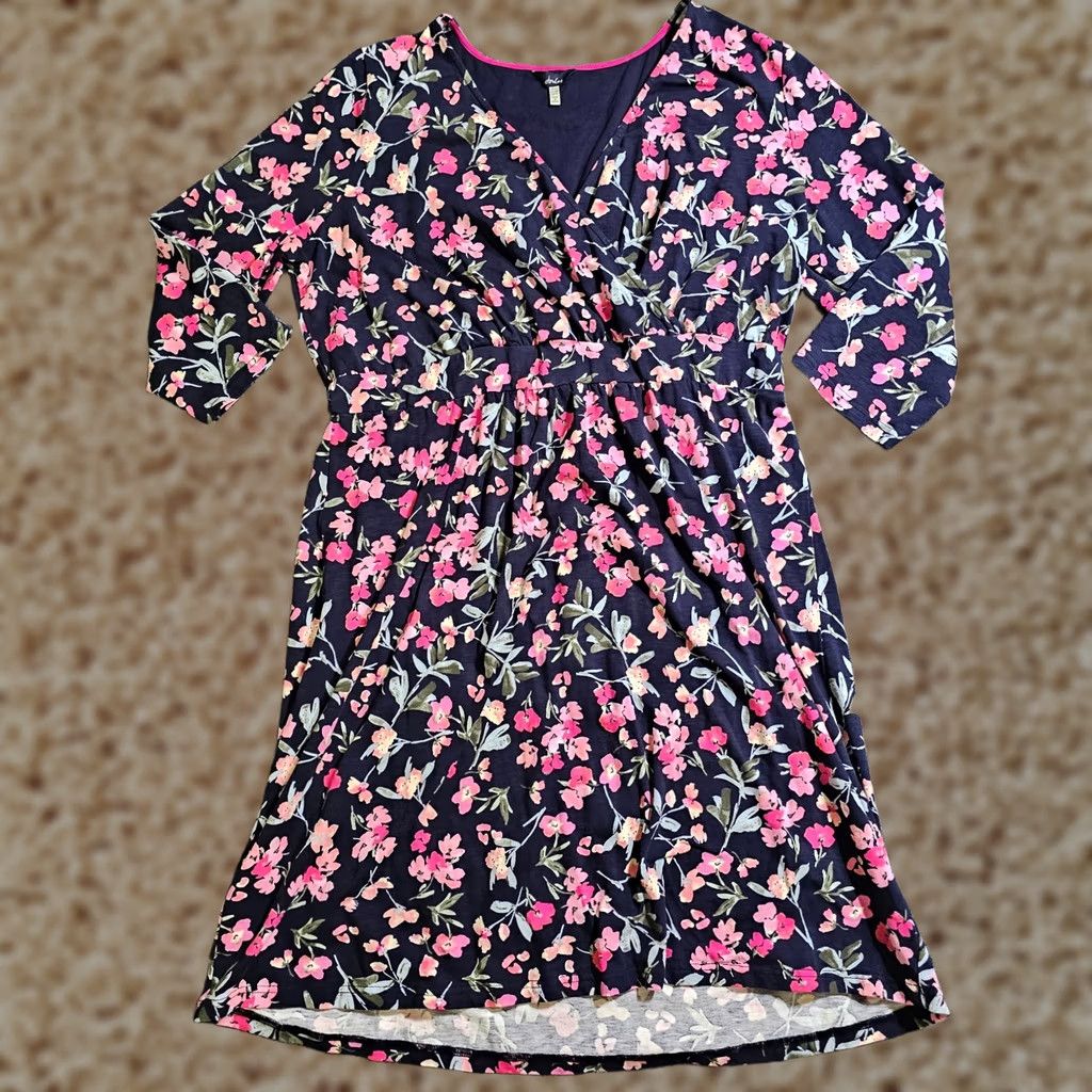 Vintage Joules Dress Womens 16 Blue Pink Floral 3/4 Sleeve A-Line Casual Career Knit V-Neck Vintage: No Size XXL / US 16-18 / IT 52-54 - 1 Thumbnail