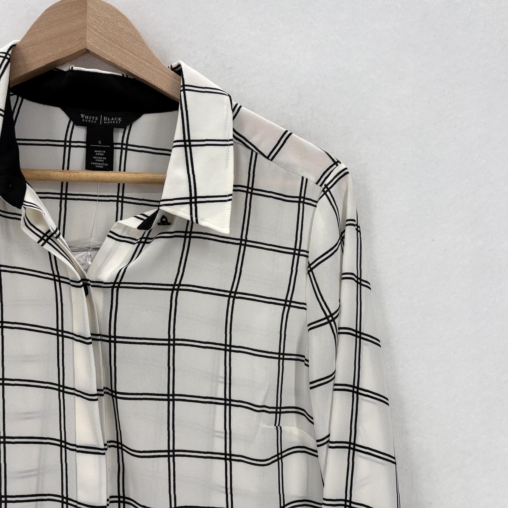 White House Black Market White House Black Market Desire Plaid Shirt Womens 6 Ecru Black Sheer Button Up Size M / US 6-8 / IT 42-44 - 2 Thumbnail
