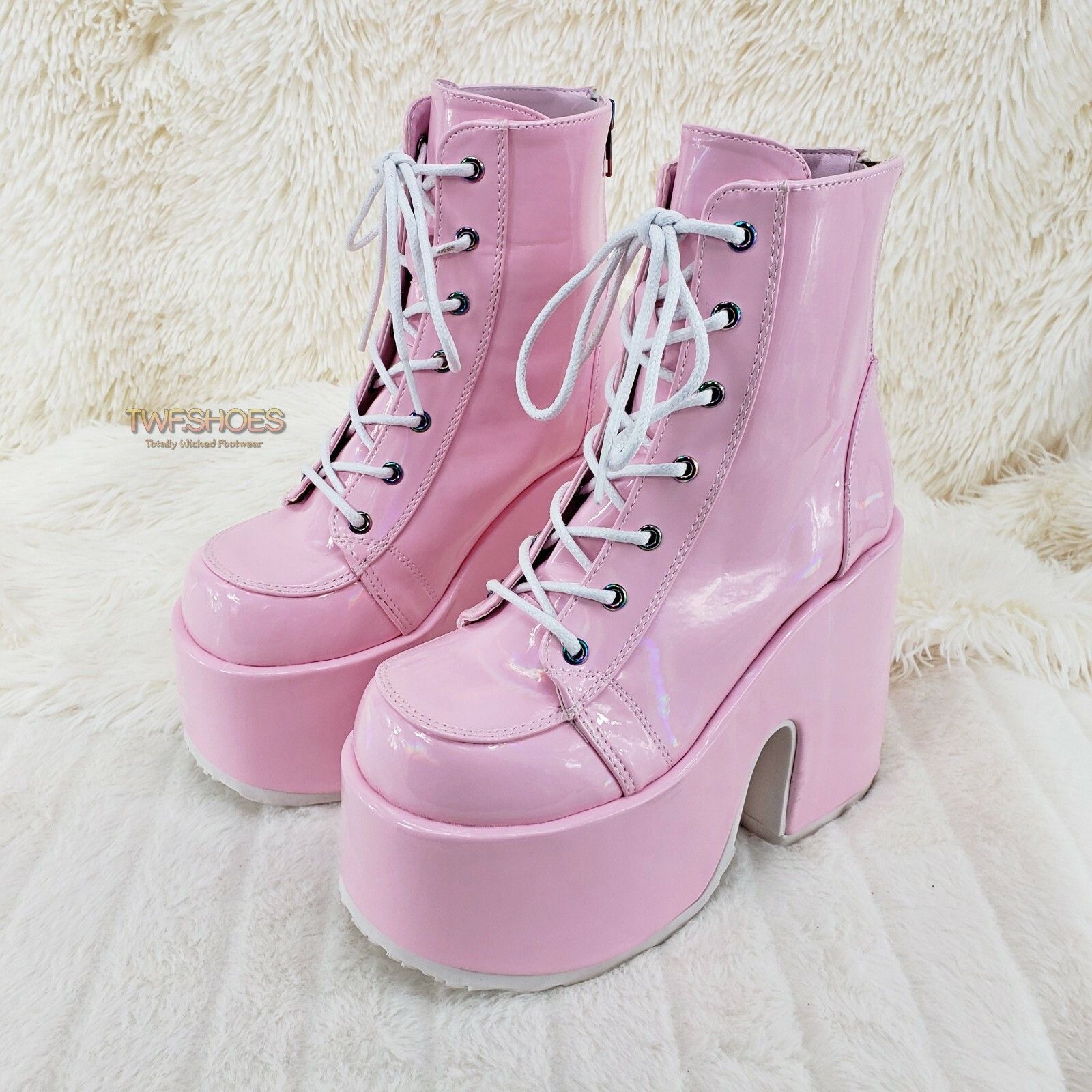 Demonia Cult DEMONIA Camel 203 Stacked Pink Patent Platform Goth Punk Ank Size US 8 / IT 38 - 6 Thumbnail
