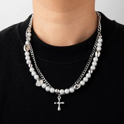 Jewelry Cross Double Layered Pearl Necklace Size ONE SIZE - 1 Thumbnail