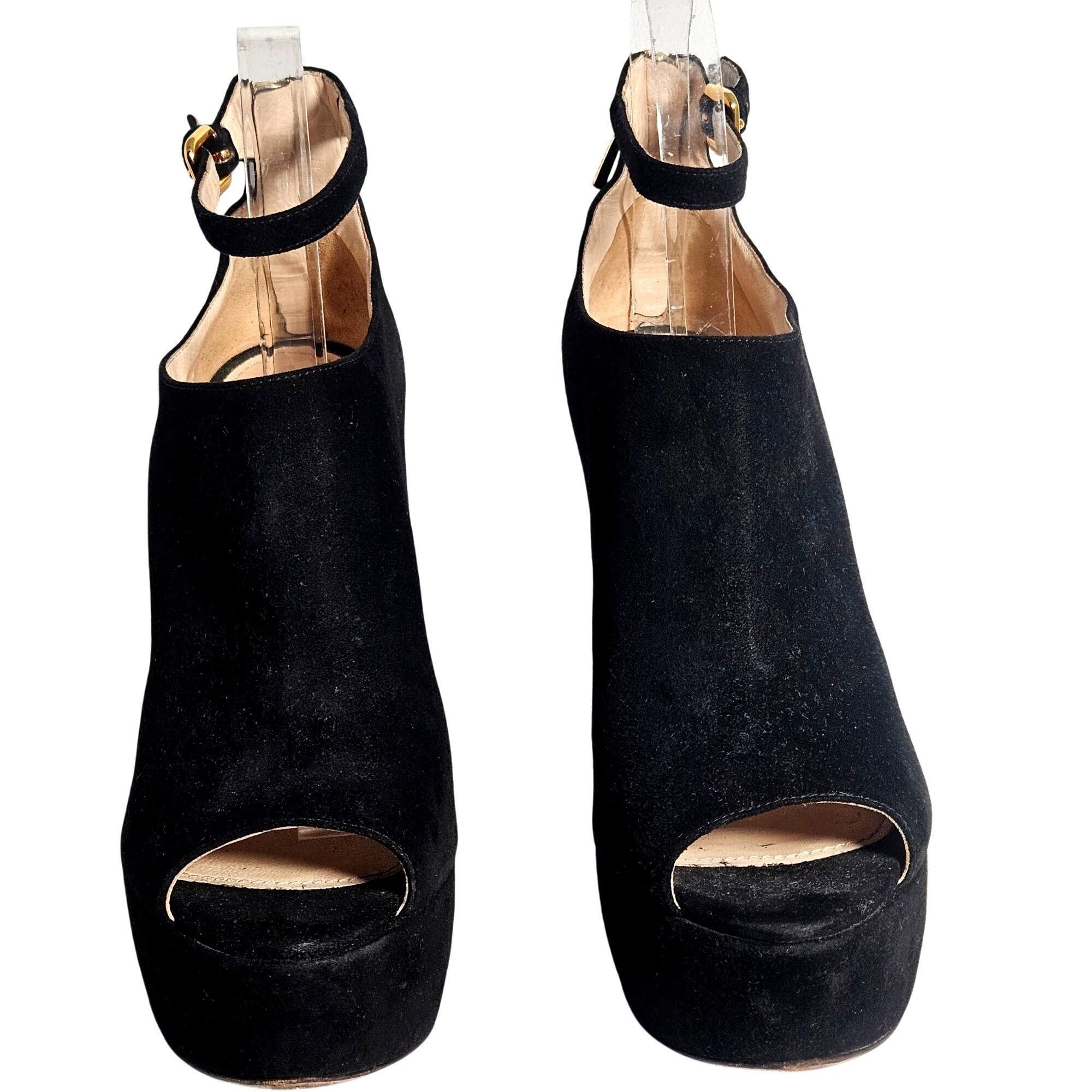 Prada VTG Y2K Prada blk suede peeptoe ankle-strap platform booties Size US 9 / IT 39 - 18 Thumbnail
