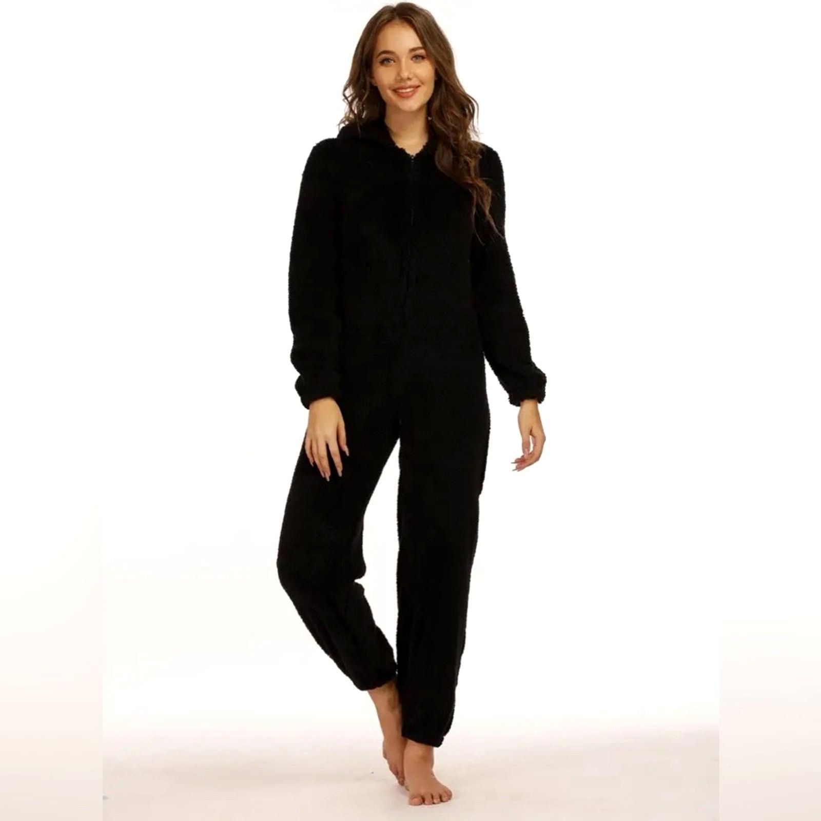 Other Zip Up Hooded Teddy Jumpsuit with Ears Black - size M Size 29" - 5 Thumbnail