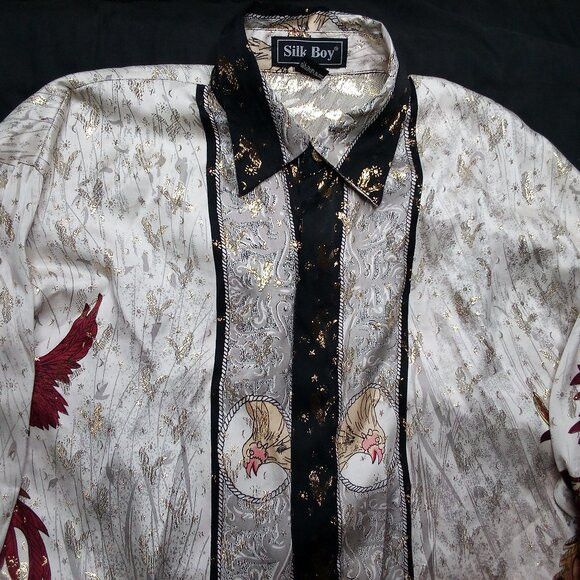 Vintage Vintage Silk Boy Rooster Phoenix Metallic Gold Button Shirt Size US S / EU 44-46 / 1 - 1 Thumbnail