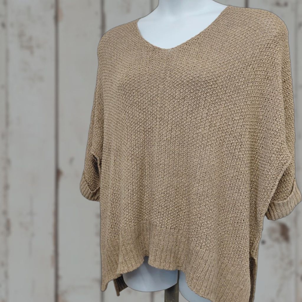 Vintage She & Sky Sweater Women's One Size V Neck Cable-Knit 3/4 Sleeve Beige Tan Pullover Size ONE SIZE - 1 Thumbnail
