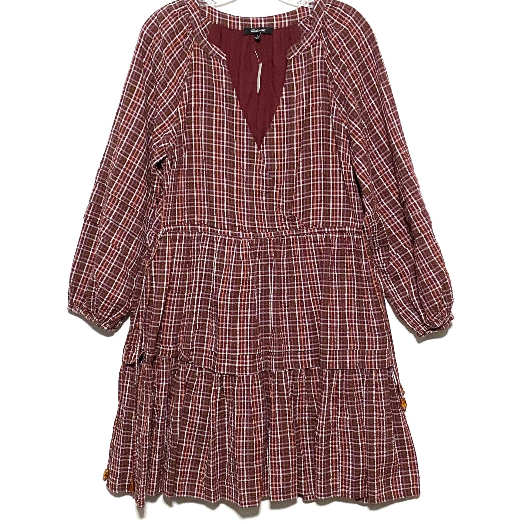Madewell Madewell Seersucker Mini Dress Womens M Wrap Dress Lined V-Neck Long Sleeve Tie Waist Casual Cottagecore Flowy NWT Red Cotton Seersucker Plaid Size M / US 6-8 / IT 42-44 - 2 Thumbnail