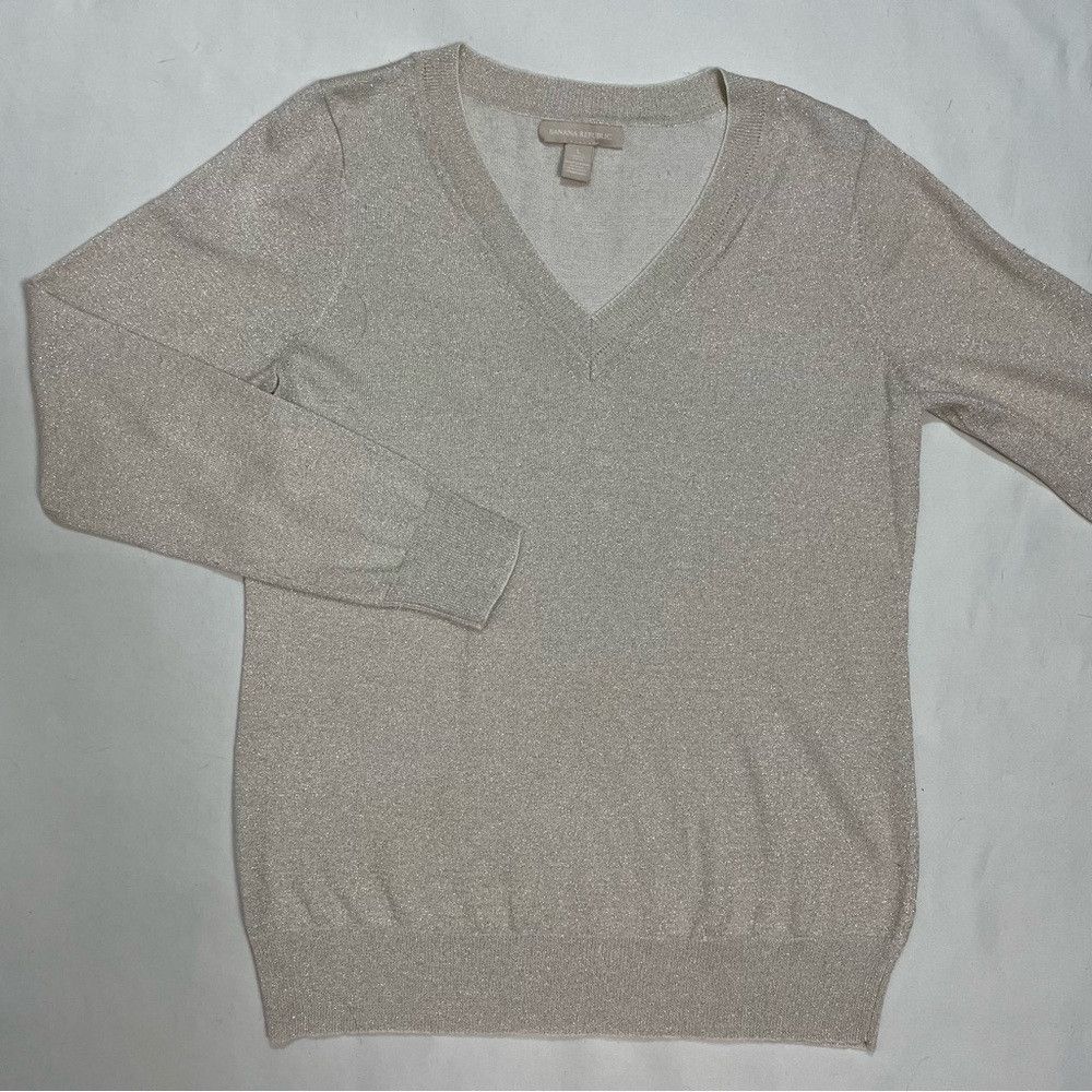 Banana Republic Banana Republic V-Neck Silk Blend Light Grey Sparkle Sweate Size L / US 10 / IT 46 - 4 Thumbnail