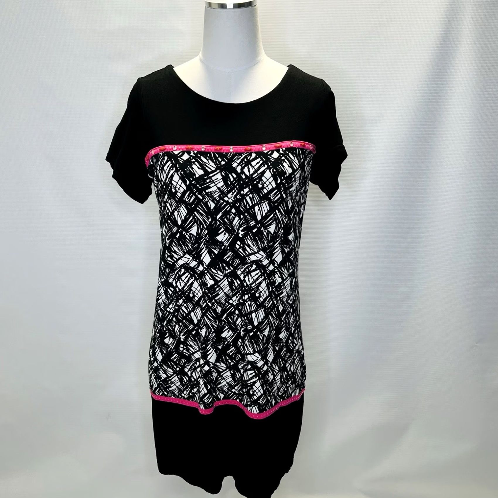 Pinko Joyous & Free Dress Women's M Black Pink Colorful Print Short Sleeve Geometric Beaded Knee-Length Tunic Dress Mens Women Size 32" / US 10 / IT 46 - 2 Thumbnail