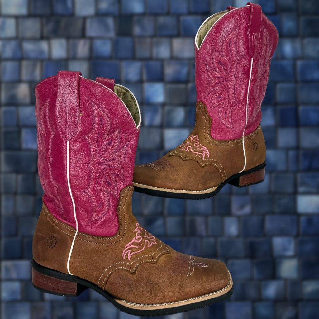 VINTAGE Cowboy Boots Womens Brown Leather Western Square Toe Mid