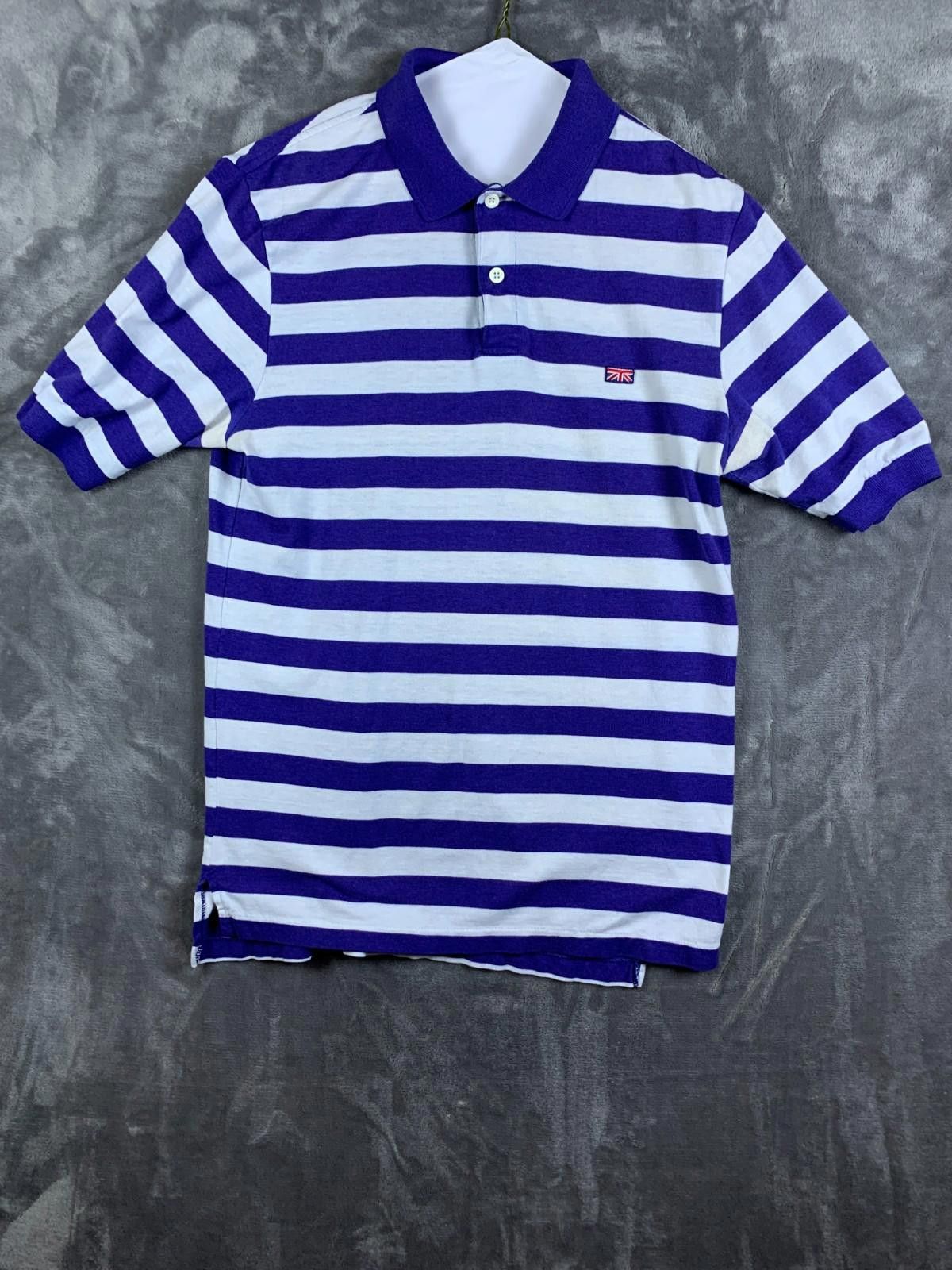 Designer Vintage Brittania 80s,90s SS Polo White w Navy Striped (240) Size US L / EU 52-54 / 3 - 1 Thumbnail