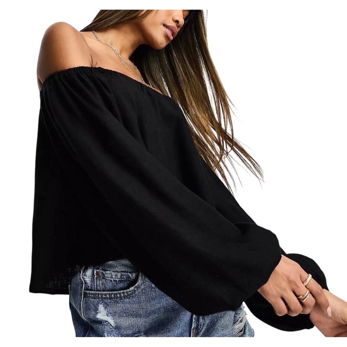 Asos ASOS Crop Top Linen Off-Shoulder Long Sleeve Black Size 4 Size S / US 4 / IT 40 - 7 Thumbnail