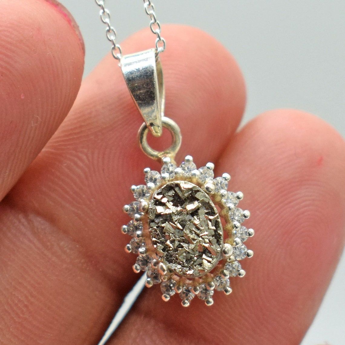 Handmade Pyrite Pendant Necklace: Oval Gemstone, 18 Inch Chain Size ONE SIZE - 3 Thumbnail