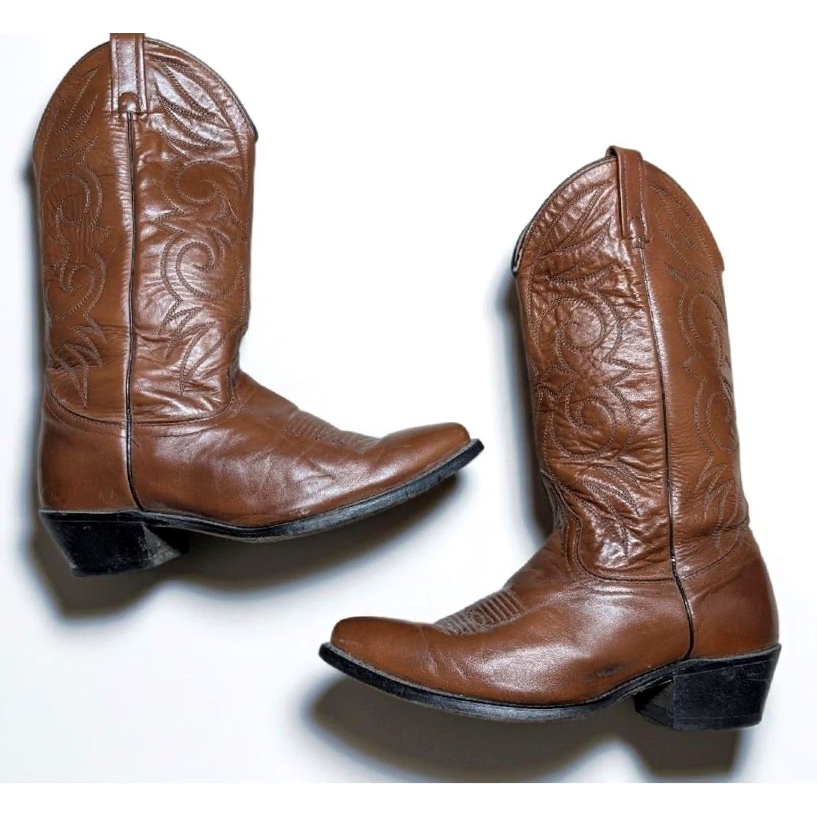 Dan Post VINTAGE Western leather COWBOY BOOTS Dan Post Mens 9 D Brown Leather 14" tall Mens Boots 1980s Size US 9 / EU 42 - 2 Thumbnail