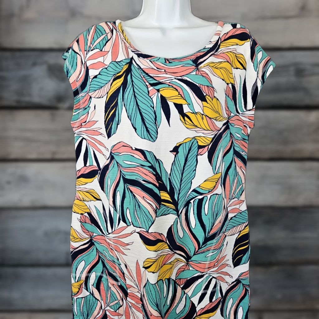 Talbots T by Talbots Womens Dress Sz Large Pink Blue Leaf Print Cotton Blend Pockets Size L / US 10 / IT 46 - 1 Thumbnail