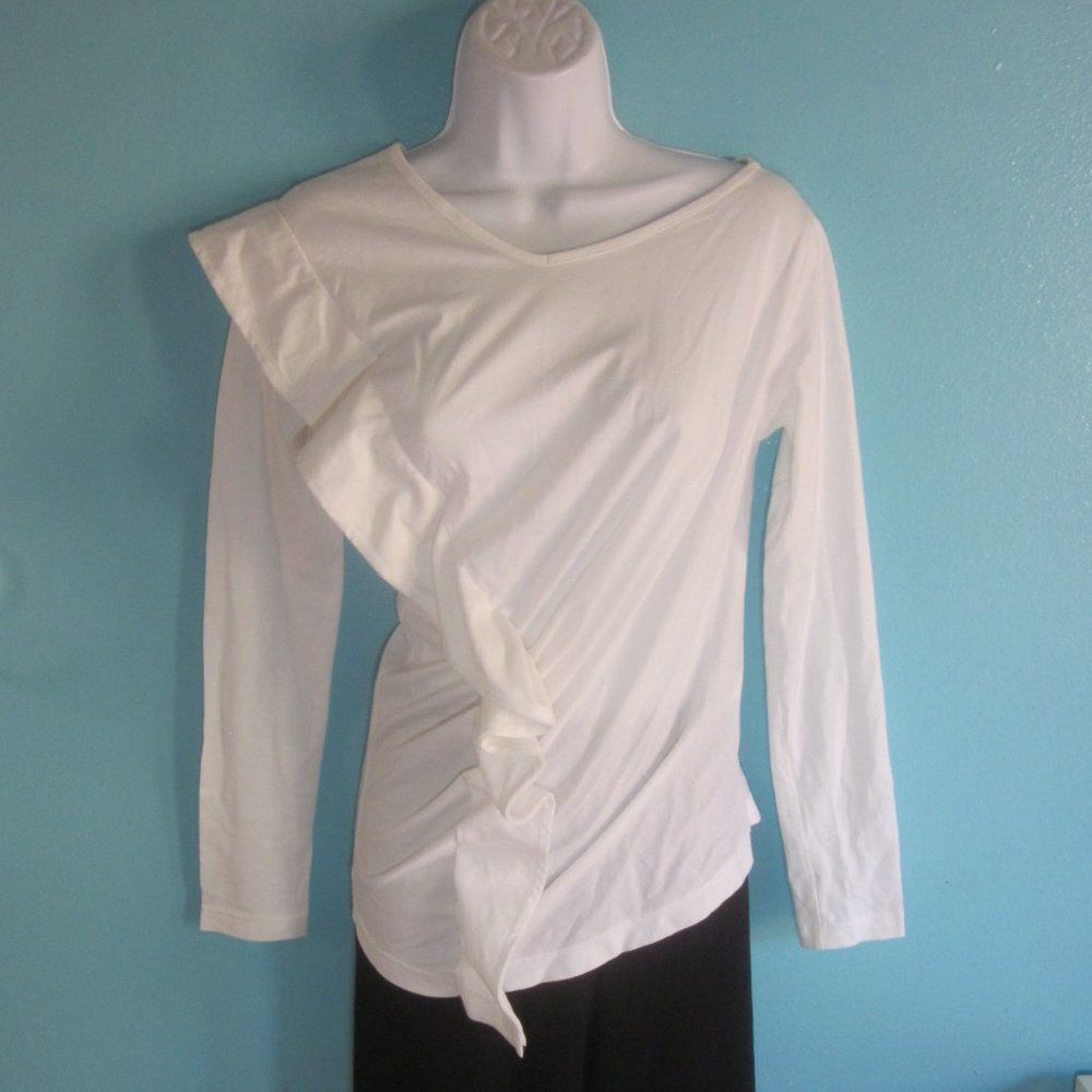 Alexa Chung Lu Lu Cheung Womens Size S Asymmetrical Long Sleeve White Cotton Ruffle Tee Size S / US 4 / IT 40 - 1 Thumbnail
