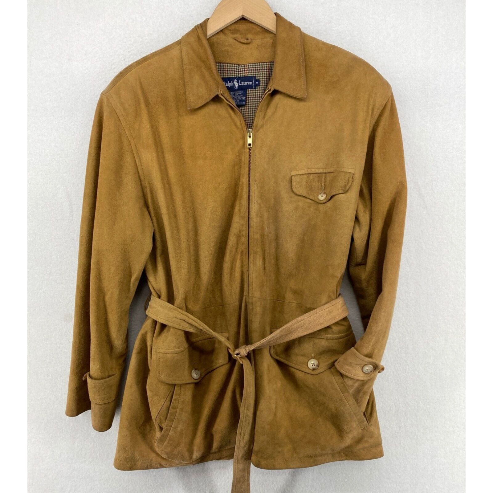 image of Ralph Laurent Jacket Women M Leather Suede Wool Lined Full Zip Belted Brown VTG in White (Size Medi