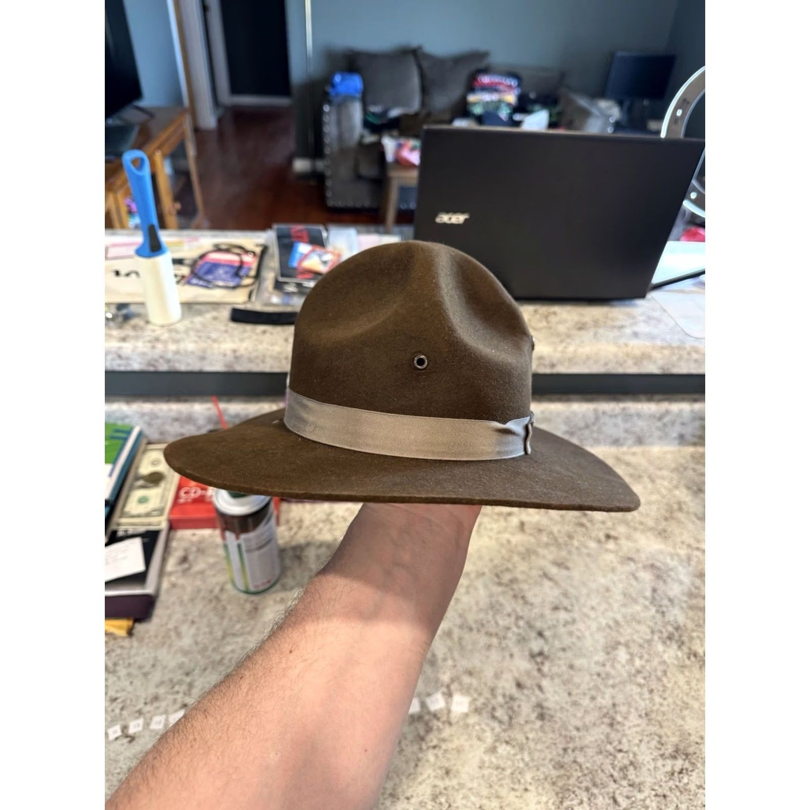 FELT VINTAGE Stratton Self Forming Drill Sergeant Instructor Wool Felt Hat 7 1/8 USA Hat Men 7 1/8 Brown Wool Felt Campaign Hat Wide Brim USA Straton Size ONE SIZE - 4 Thumbnail