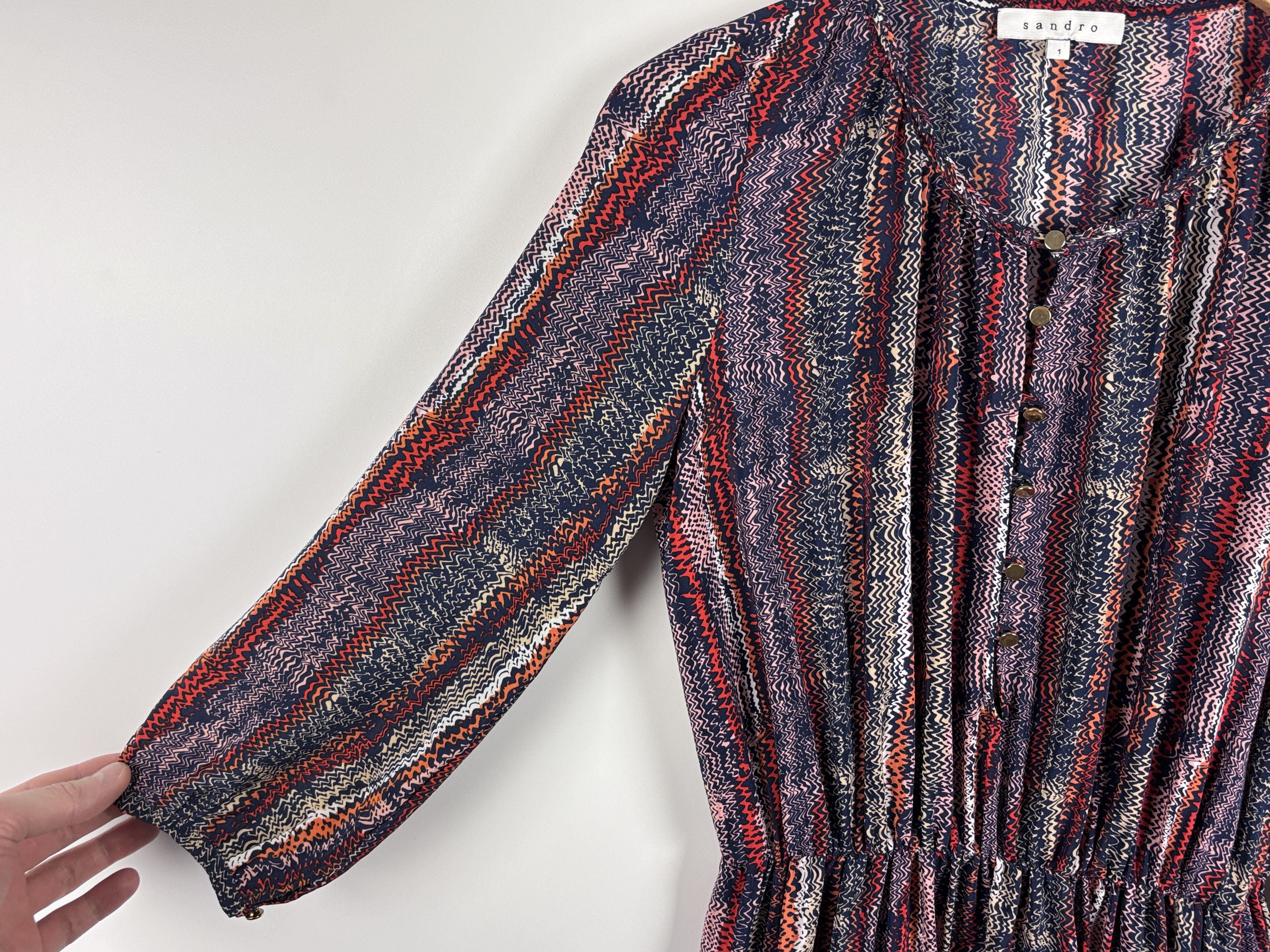 Sandro Sandro Silk Zigzag Pattern Long Sleeve Dress Elastic Waist 1 Size S / US 4 / IT 40 - 2 Thumbnail