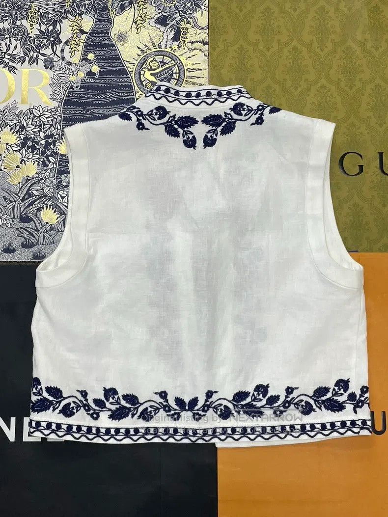 Loro Piana LORO PIANA White Linen Blouse with Blue Embroidered Vest O Size XS / US 0-2 / IT 36-38 - 3 Thumbnail