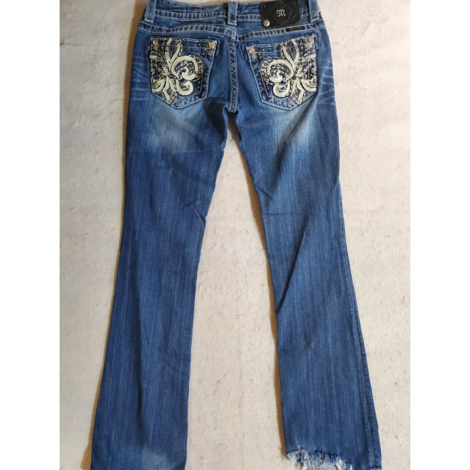 Miss Me VINTAGE: MISS ME Jeans 27/34 Bootcut Blue Leather Embroidered Rhinestone Studded Distressed Pockets 32in Inseam Womens Jeans Mens? Size 27" / US 4 / IT 40 - 7 Thumbnail