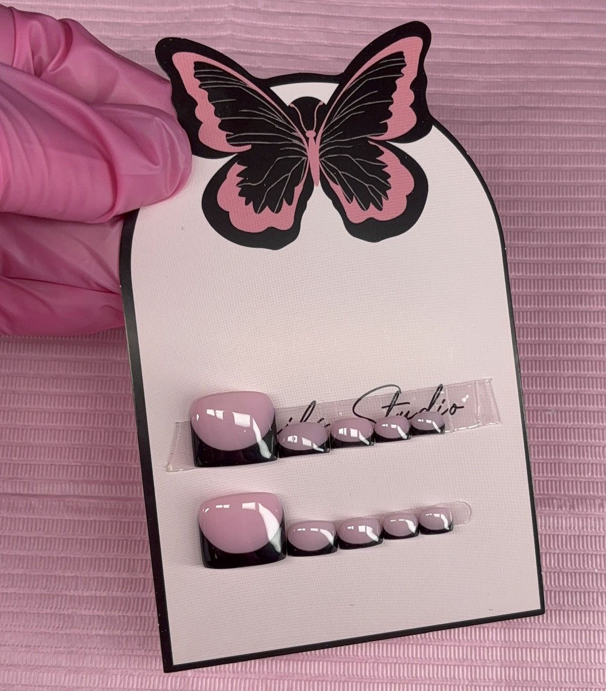 Handmade press on toenails pink nude black French tips handmade gel Size ONE SIZE - 18 Thumbnail