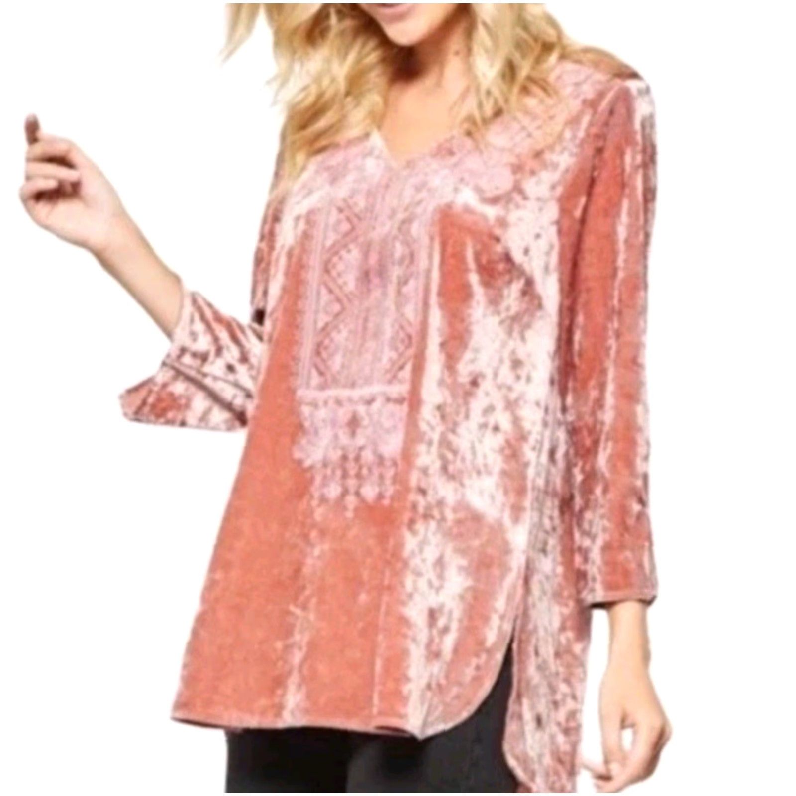 Vintage Andree By Unit Embroidered Crushed Velvet Tunic Blouse Womens 1X Rose Pink Blouse Size XL / US 12-14 / IT 48-50 - 2 Thumbnail