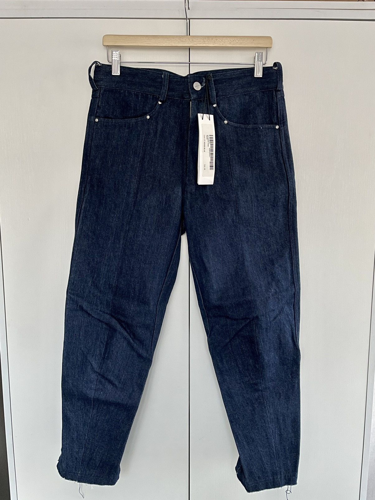 image of Damir Doma Pekka Indigo Blue Curved J-Cut Leg Denim Pants in Navy, Men's (Size 30)