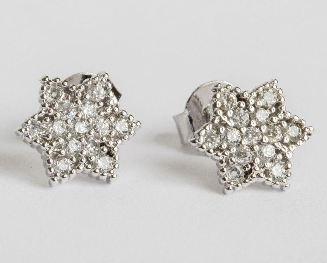 Designer Sterling Silver Pave Cubic Zirconia Star David Stud Earrings Size ONE SIZE - 1 Thumbnail